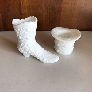 Lot of Two Vintage Fenton Daisy and Button Milk Glass Boot and Tophat
